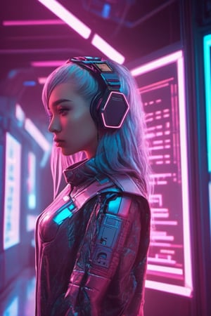 RAW, Concept, realistic, audiopunkAI complete, 1 girl hologram, standing, cyberpunk, high detailed, vivid color, CG post production complete artwork, best quality
