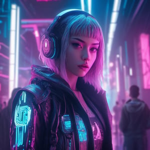 RAW, Concept, realistic,e, 1 girl hologram, standing, cyberpunk, publicity background, high detailed, vivid color, CG post production complete artwork, best quality