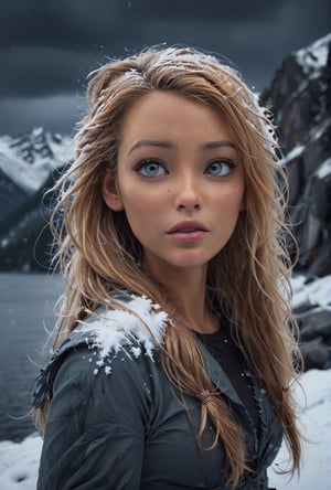 young woman, heavy snowfall, large snow flakes, (art by Nan Goldin :1.2) ,  dark sky, sad, melancholy atmosphere, messy long hair, wind, cinematic angle,  mountain top, (floating hair:1.3), frozen lake, depth of field, from back, masterpiece, best quality, highres, slate gray atmosphere, soft cinematic light, sharp focus, photolab, lightroom,  ,blake lively