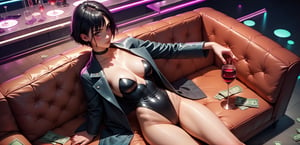 score_9, score_8_up, score_8, 1girl, leotard, black hair, short hair, in a club, disco, closeup, sitting on couch, wine glass in hand, long coat, view from above, money rain