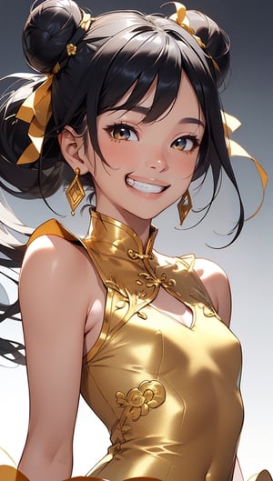 (photorealistic),(masterpiece, sidelights, exquisite gentle eyes), (character focus,face focus,close to viewer,portrait,masterpiece),(black hair:1.3),(double bun),(1 girl),(gold eyes),(grin smile:1.5)
,(upper body),(sleeveless china dress,gold embroidery),(contrapposto)、hair ribbon,
,(small breasts),(blue gradient background)、
neat and clean、adorable、Slim Body,(tsurime),,shiny hair, shiny skin、,niji,sketch,manga,