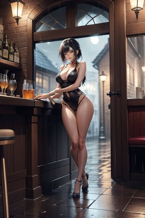 Stunningly Beautiful anime woman, tall, long legs, large chest, leaning on window of stone building pub in the rain
