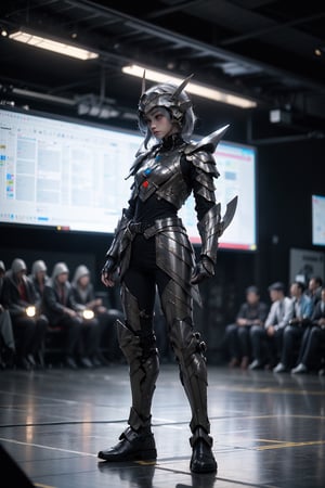 "Generate an image of a Dorsai warrior clad in futuristic armor, standing tall amidst a battlefield, their gaze unwavering, a symbol of strength and honor in the face of adversity."