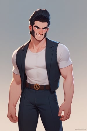 Score_9, Score_8_up, Score_7_up ,  , bsbl , 1boy, white shirt, black vest,open clotes ,  nose ring, pompadour ,  black hair , standing, artstyle , smile , 

