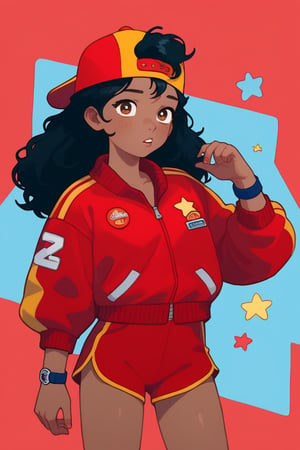 Score_9, Score_8_up, Score_7_up , possummach,1girl, bsmeg, dark skin, dark-skinned female, black hair, long hair, baseball cap, backwards hat, red jacket,red shorts 