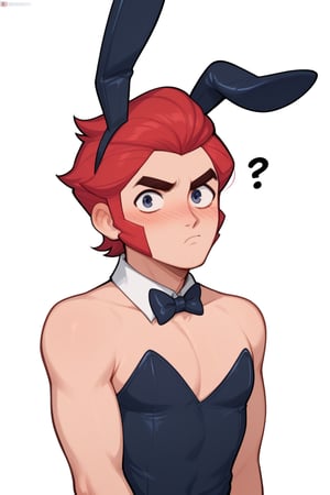 Score_9, Score_8_up, Score_7_up ,possummach , bscolt  ,1boy ,red hair , short hair ,playboy bunny ,blush , confused , ??? , solo , looking at viewer , simple background , white background , 