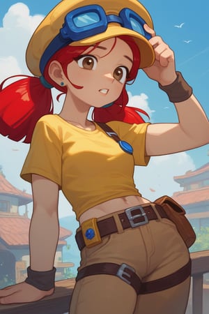 Score_9, Score_8_up, Score_7_up , possummach, 1girl , bsjessie,red hair,pigtails,hat,goggles on headwear,yellow shirt,brown pants,belt