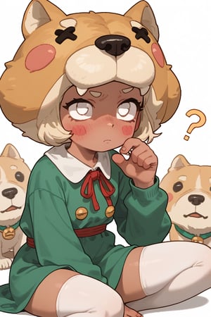 Score_9, Score_8_up, Score_7_up ,possummach ,1 girl , dark-skinned female, no pupils,  green dress ,long sleeves,  solo   ,white thighhighs,   red ribbon, shaded face,  ,dog headwear , shiba , blush stickers,  confused