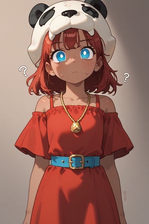 Score_9, Score_8_up, Score_7_up ,possummach ,, 1 girl , dark-skinned female, red hair ,  no pupils, panda headwear ,white headwear red dress ,medium  dress,  ,brown pants  ,golden necklace,  blue belt   ,x eyes  ,black ears , confused