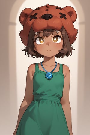 Score_9, Score_8_up, Score_7_up ,possummach  bsnita ,,1 girl  , dark-skinned female, brown hair ,short hair , no pupils, shaded  , blue necklace,  green dress , brown pants  ,red bear headwear  , x eyes ,