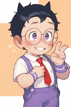  Score_9, Score_8_up, Score_7_up , Obotch , 1 boy , black hair , short hair , suspenders,  ,glasses , white shirt , purple pants , solo  ,smile  , v , Red tie  blush , nervous