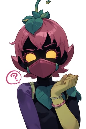 Score_9, Score_8_up, Score_7_up ,possummach ,bslily 1girl green skin, yellow eyes, shaded face, no mouth, pink hair, shaded face,pink mouth mask, plant gir,sleveless, black bodysuit, asymmetrical sleeves, purple sleeves  ,confused , ??? , looking at viewer ,simple background , fullbody , white background