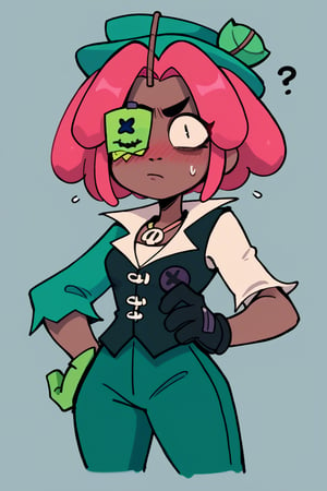 Score_9, Score_8_up, Score_7_up , bsjuju , 1girl , pink hair , short hair ,dark skin , green hat, green pants , black vest , asymmetrical sleeves ,  one-eyed, eye covered  ,Single glove , solo ,simple_background ,  blush , confused , ??? , nervous ,valbun ,sweat 