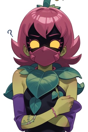 Score_9, Score_8_up, Score_7_up ,possummach ,bslily 1girl green skin, yellow eyes, shaded face, no mouth, pink hair, shaded face,pink mouth mask, plant gir,sleveless, black bodysuit, asymmetrical sleeves, purple sleeves  ,confused , ??? , looking at viewer ,simple background , fullbody , white background