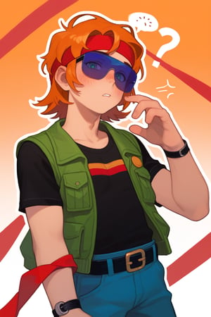 Score_9, Score_8_up, Score_7_up , Score_9, Score_8_up, Score_7_up ,possummach
 ,bsbuster  , orange hair, red hair band, ,1boy, black shirt, green vest, blue pants, belt,  short hair, sunglasses ,No visible eyes ,Red bandana ,blush , confused , looking_at_viewer