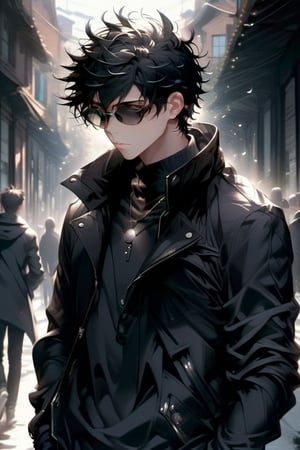 ((masterpiece:1.5)), ((best quality:1.5)), ((highres:1.5)), anime, ((1boy)), ((male_only:1.24)), male_focus, solo, close_up, black_hair, sunglasses, casual clothed, street, daylight, ((black_jacket)), black jeans. 8k,((hyper_fine_ultra_detailed:1.2)), pixiv, midjourney,AngelicStyle,Spirit Fox Pendant