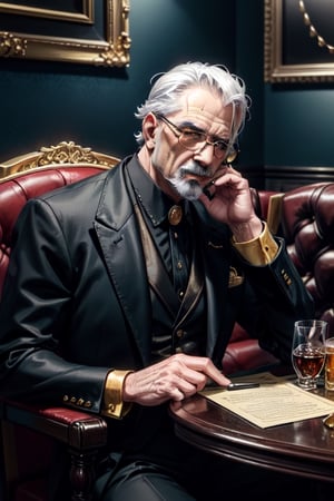 Old man, ultra quality, mafia, 1920, cigar, whiskey, in a chair at the table, black eyes and hair, golden ratio, masterpiece detail, acrylic palette knife, dark tones, serious look, gold ring, emblem with gems, subordinates in the background, power pose,