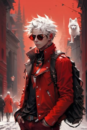 ((masterpiece:1.5)), ((best quality:1.5)), ((highres:1.5)), anime, ((1boy)), ((male_only:1.24)), male_focus, solo, close_up, white _hair, sunglasses, casual clothed, street, daylight, ((Red_jacket)), black jeans. 8k,((hyper_fine_ultra_detailed:1.2)), pixiv, midjourney,AngelicStyle,Spirit Fox Pendant,painting by jakub rozalski