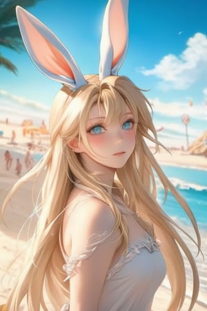 ((masterpiece:1.5)), ((best quality:1.5)), ((highres:1.5)), anime, ((1girl)), ((girl_hot_sexy, body)), girl_,solo, close_up, beautiful very long Blonde_hair, bunny_ears, 
   daylight_ in beach,  8k,((hyper_fine_ultra_detailed:1.2)), pixiv, midjourney,Beautiful Eyes