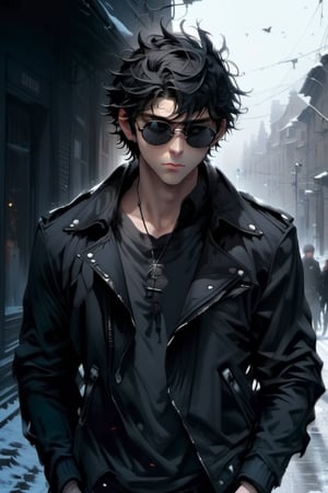 ((masterpiece:1.5)), ((best quality:1.5)), ((highres:1.5)), anime, ((1boy)), ((male_only:1.24)), male_focus, solo, close_up, black_hair, sunglasses, casual clothed, street, daylight, ((black_jacket)), black jeans. 8k,((hyper_fine_ultra_detailed:1.2)), pixiv, midjourney,AngelicStyle,Spirit Fox Pendant,painting by jakub rozalski