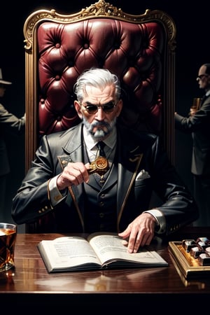 Old man, ultra quality, mafia, 1920, cigar, whiskey, in a chair at the table, black eyes and hair, golden ratio, masterpiece detail, acrylic palette knife, dark tones, serious look, gold ring, emblem with gems, subordinates in the background, power pose,