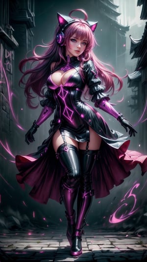 1girl, ((full body)), cyber mage cast spell, gem, vibrant colors, (cyberpunk style:0.7), (wide angle), (dynamic pose), night, soft lighting, Detailedface,  best quality, extremely detailed, area lighting in background, (extremely intricate:1.3), realistic, kitty headset, GlowingRunes_red, powerfull magic, magic particles,, beautiful figure, thin waist, wide hips, big breasts, cute woman, tall body, 20year old, twintails, hair buns, (pink hair:1.2), (dark red hair:0.8), (gradient hair:1.5), (more_details:1.5), (long hair:1.4), (full body), kinky dress, (latex dress:1.4), thigh high boots, (cheongasm dress:1.1), (china dress), (borken temple scenery:1.1), (hyperrealism:1.2), (transparent dress:1.3), (perfect hands:1.4)