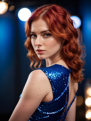 (Highest Quality, 4k, masterpiece, Amazing Details:1.1), Shallow Depth of Field, wide angle studio photo of a coquettish 25yo vixen (Caucasian, cherry red hair in waves, dreamy gaze, svelte figure with graceful curves, (artistic skin details like discrete moles, natural freckles:1.12)) BREAK, in a backless sequin mini dress in electric blue, dynamic dancing pose, film grain, classic fujifilm tones, professional studio setting, 35mm lens, f/1.8, ISO 100, controlled studio lighting, skin glistening, ultra realistic, popular in nightlife fashion circles, (photorealistic) (RAW Photo),aesthetic portrait