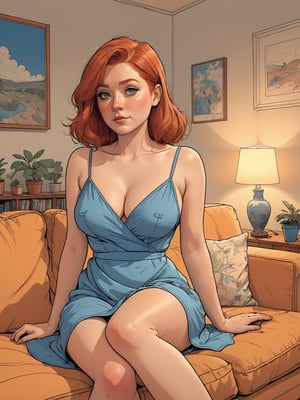 (Highest Quality, 4k, masterpiece, Amazing Details:1.1), ((90s cartoon Pixar animation, comicbook, anime-manga style, line drawing, thicc lines)) wide angle picture of a sexy woman, 30yo irish redhead, dressed on blue sattin short nightgown, sitted at sofa