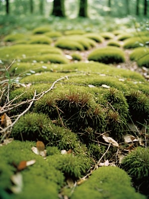 macro perspective photo of moss on the ground. Shot on 35mm with  Kodak Portra 400