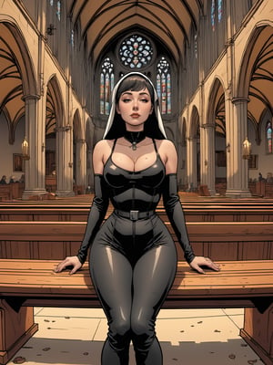 (Highest Quality, 4k, masterpiece, Amazing Details:1.1), ((90s cartoon Pixar animation, comicbook, anime-manga style, line drawing, thicc lines)) wide angle picture of a sexy nun, 30yo long haired, dressed in latex nun bodysuit sitting on cathedral bench praying