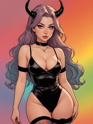 (Highest Quality, 4k, masterpiece, Amazing Details:1.1), ((90s cartoon Pixar animation, comicbook, anime-manga style, line drawing, thicc lines)) close-up studio portrait (no-background:1.5) of a sexy devil, 30yo long haired, demon horns, dressed shiny tight party dress with deep cleavage and knee highs, posing against a plain wall lit by rainbow light effect (plain background)