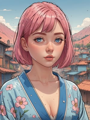 (Highest Quality, 4k, masterpiece, Amazing Details:1.1), ((90s cartoon Pixar animation, comicbook, anime-manga style, line drawing, thicc lines)) wide angle picture of a beautiful 25yo woman has pink bob-cut hair and blue eyes. She is wearing a transparent and wet kimono, wet hair, wet body