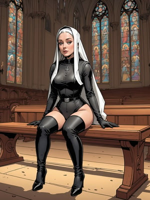 (Highest Quality, 4k, masterpiece, Amazing Details:1.1), ((90s cartoon Pixar animation, comicbook, anime-manga style, line drawing, thicc lines)) wide angle picture of a sexy nun, 30yo long haired, dressed in latex nun bodysuit sitting on cathedral bench praying