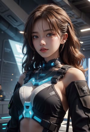 masterpiece, photorealistic, (((slim body))), detail sparkling brown eyes, necklace, silver watch, 1 girl, bright colors, wavy brown hair, high contrast, background futuristic large spaceship, (((half body))), happy friendly calm expression, operating machine, crop top, off shoulder, (((futuristic black tactical suit special operation agent))), high tech futuristic weapon, Holding an assault rifle ,more detail 