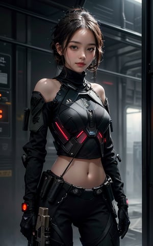 beautiful, realistic, masterpiece, HD, 1 girl, ((futuristic black tactical suit)), sexy, charming, seductive, special operation agent, crop top off shoulder, advanced gadgets, wool sweater, holding weapons, urban techwear, ((nude)), naked