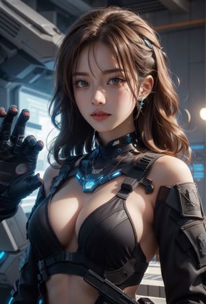masterpiece, photorealistic, (((slim body))), detail sparkling brown eyes, necklace, silver watch, 1 girl, bright colors, wavy brown hair, high contrast, background futuristic large spaceship, (((half body))), happy friendly calm expression, operating machine, crop top, off shoulder, (((futuristic black tactical suit special operation agent))), high tech futuristic weapon, Holding an assault rifle ,more detail 