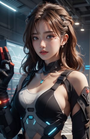 masterpiece, photorealistic, (((slim body))), detail sparkling brown eyes, necklace, silver watch, 1 girl, bright colors, wavy brown hair, high contrast, background futuristic large spaceship, (((half body))), happy friendly calm expression, soft smile, operating machine, crop top, off shoulder, (((futuristic black tactical suit special operation agent))), high tech futuristic weapon, Holding an assault rifle ,more detail 
