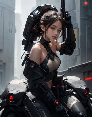 beautiful, realistic, masterpiece, HD, 1 girl, ((futuristic black tactical suit)), sexy, charming, seductive, special operation agent, crop top off shoulder, advanced gadgets, nude, naked, holding weapons, urban techwear