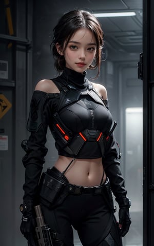 beautiful, realistic, masterpiece, HD, 1 girl, ((futuristic black tactical suit)), sexy, charming, seductive, special operation agent, crop top off shoulder, advanced gadgets, wool sweater, holding weapons, urban techwear, nude, naked