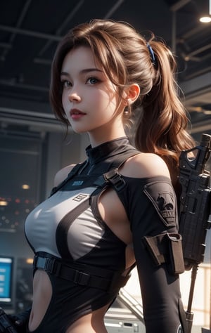 A photorealistic masterpiece of a young woman, with a slim yet athletic build, proudly showcases her sparkling brown eyes and stunning features. Her wavy brown hair cascades down her back as she wears a crop top off one shoulder, paired with a futuristic black tactical suit, giving off a special operations agent vibe. She confidently holds an assault rifle in one hand, while operating a high-tech machine with the other. The background is a large spaceship, set against a bright and bold color scheme, with high contrast lighting that highlights every detail. Her happy, friendly, and calm expression radiates confidence and determination.