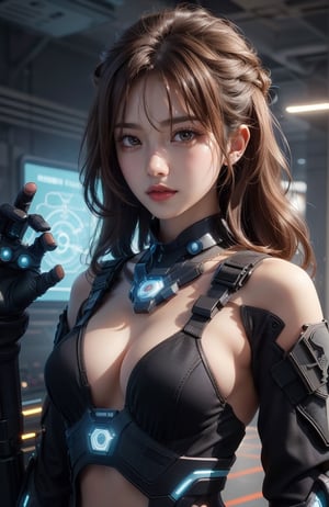 masterpiece, photorealistic, (((slim body))), detail sparkling brown eyes, necklace, silver watch, 1 girl, bright colors, wavy brown hair, high contrast, background futuristic large spaceship, (((half body))), happy friendly calm expression, soft smile, operating machine, crop top, off shoulder, (((futuristic black tactical suit special operation agent))), high tech futuristic weapon, Holding an assault rifle ,more detail 