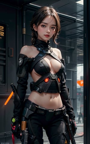 beautiful, realistic, masterpiece, HD, 1 girl, ((futuristic black tactical suit)), sexy, charming, seductive, special operation agent, crop top off shoulder, advanced gadgets, wool sweater, holding weapons, urban techwear, ((nude)), (((naked))), medium breast