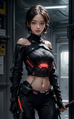 beautiful, realistic, masterpiece, HD, 1 girl, ((futuristic black tactical suit)), sexy, charming, seductive, special operation agent, crop top off shoulder, advanced gadgets, wool sweater, holding weapons, urban techwear, ((nude)), naked