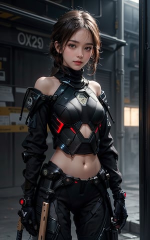 beautiful, realistic, masterpiece, HD, 1 girl, ((futuristic black tactical suit)), sexy, charming, seductive, special operation agent, crop top off shoulder, advanced gadgets, wool sweater, holding weapons, urban techwear, ((nude)), (((naked)))
