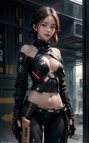 beautiful, realistic, masterpiece, HD, 1 girl, ((futuristic black tactical suit)), sexy, charming, seductive, special operation agent, crop top off shoulder, advanced gadgets, wool sweater, holding weapons, urban techwear, ((nude)), (((naked))), medium breast