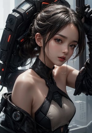beautiful, realistic, masterpiece, HD, 1 girl, ((futuristic black tactical suit)), sexy, charming, seductive, special operation agent, crop top off shoulder, advanced gadgets, nude, naked, holding weapons, urban techwear