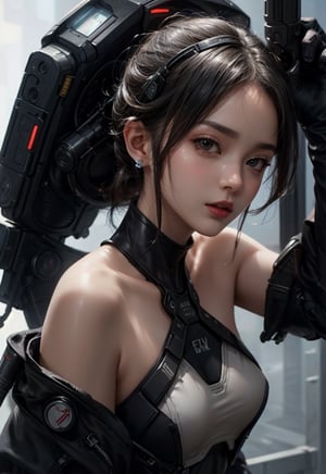 beautiful, realistic, masterpiece, HD, 1 girl, ((futuristic black tactical suit)), sexy, charming, seductive, special operation agent, crop top off shoulder, advanced gadgets, nude, naked, holding weapons, urban techwear