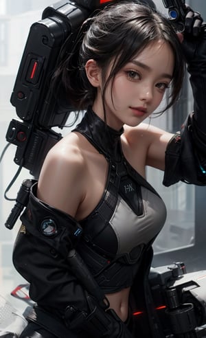 beautiful, realistic, masterpiece, HD, 1 girl, ((futuristic black tactical suit)), sexy, charming, seductive, special operation agent, crop top off shoulder, advanced gadgets, holding weapons, urban techwear