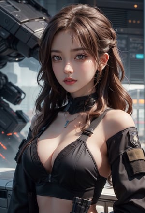 In a photorealistic masterpiece, a slim-bodied girl with sparkling brown eyes and a warm smile gazes directly at the camera. She's dressed in a half-body crop top and off-shoulder outfit, accented by a silver watch and a statement necklace. Her wavy brown hair cascades down her back as she confidently operates a futuristic machine, flanked by a large spaceship's metallic surface in the background. The high contrast lighting accentuates her friendly expression, while a sleek, black tactical suit with special operation agent insignia wraps around her half-body. In one hand, she holds an assault rifle with intricate details, showcasing her skills as a futuristic black tactical suit-wearing special operation agent.