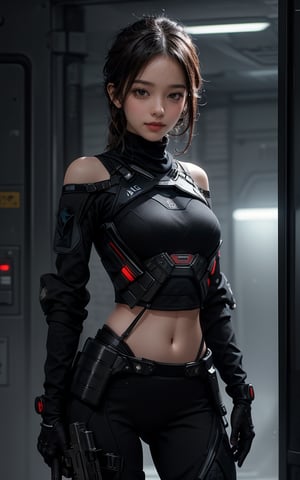 beautiful, realistic, masterpiece, HD, 1 girl, ((futuristic black tactical suit)), sexy, charming, seductive, special operation agent, crop top off shoulder, advanced gadgets, wool sweater, holding weapons, urban techwear